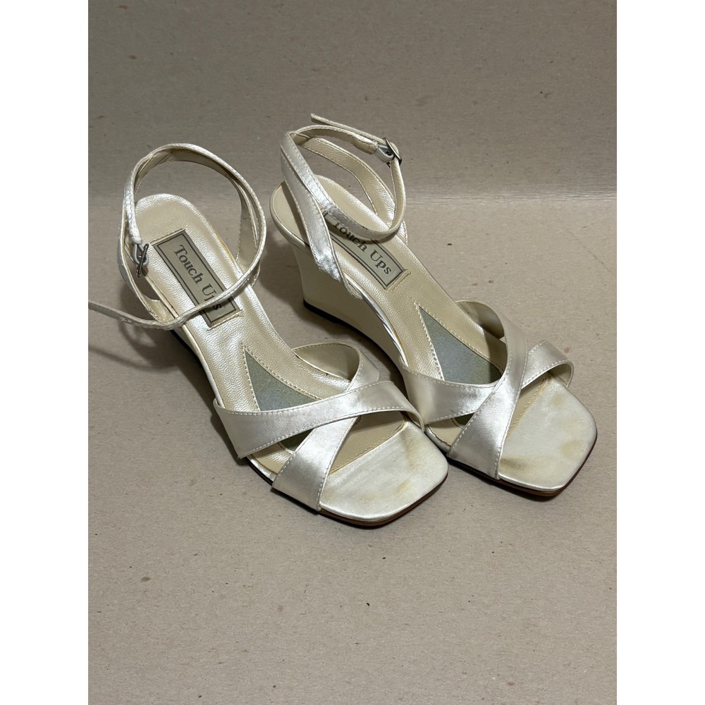 Touch Ups Womens Ivory Satin Wedge Sandals Ankle Strap Square Toe Size 5.5M